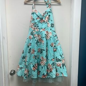 50s Style Hot Topic Aqua Floral Halter Dress MD